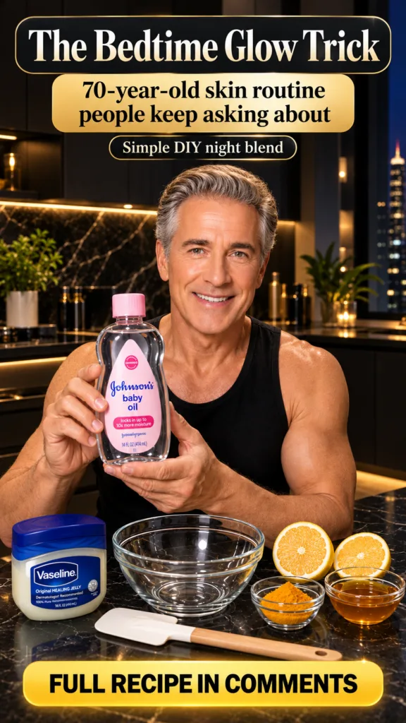 Smiling older man in a modern kitchen holding Johnson s baby oil with DIY blend ingredients Vaseline bowls spatula orang