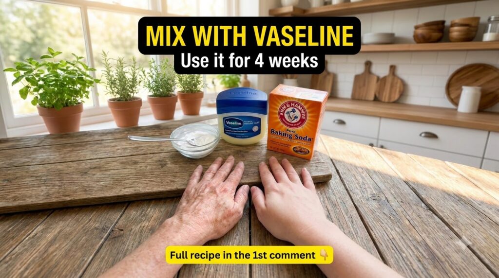 Two hands one older and one younger resting on a rustic wooden table with Vaseline baking soda and a bowl of white powde