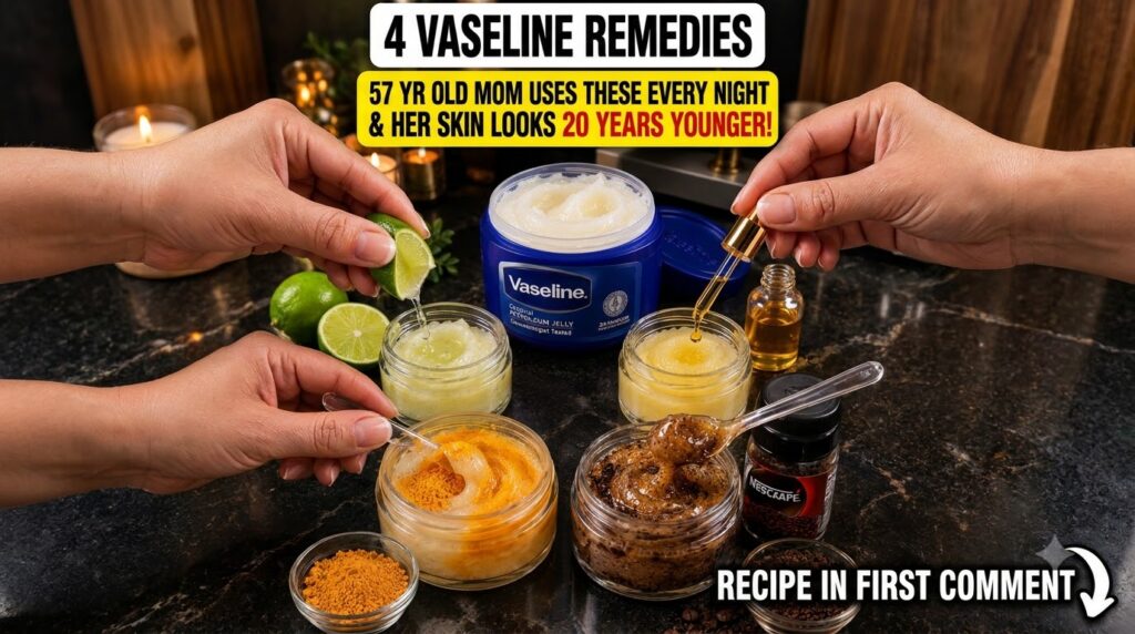 Close-up overhead view of a blue Vaseline jar surrounded by four smaller glass jars containing various homemade skincare