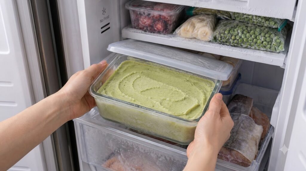 Hands placing a glass container with a light green textured frozen puree into a freezer showing organized food storage