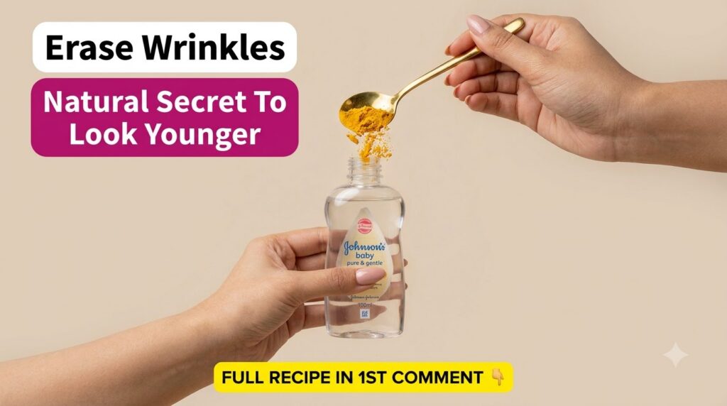 Hands pouring turmeric powder from a golden spoon into a bottle of Johnson s Baby Oil