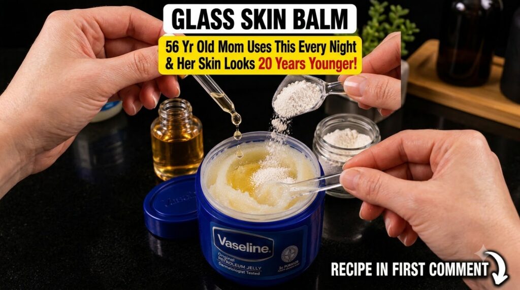 Close-up top-down view of hands mixing Vaseline baby oil and rice powder in a small jar A dropper adds liquid oil a spoo