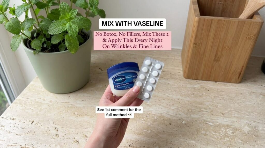 A hand holding a small tub of Vaseline and a blister pack of white Vitamin E capsules against a light countertop with a 