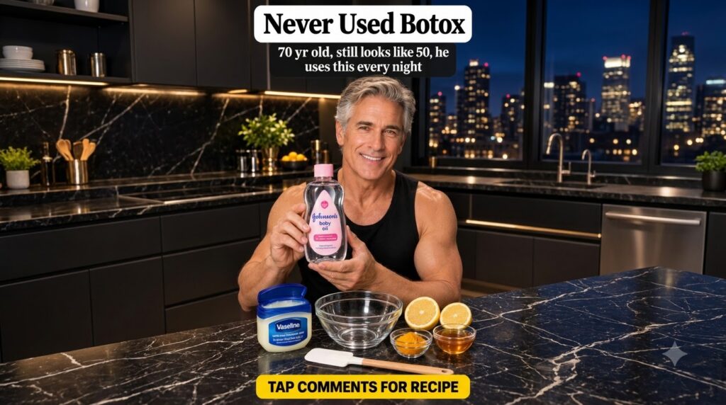 A smiling fit man in a modern kitchen holding Johnson s Baby Oil with Vaseline lemons turmeric and honey on a black marb