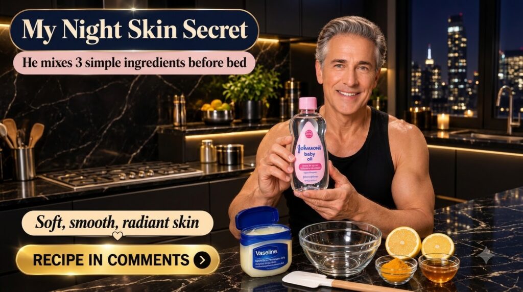 A smiling man holding a bottle of Johnson s Baby Oil with an open tub of Vaseline small bowls of honey and turmeric and 