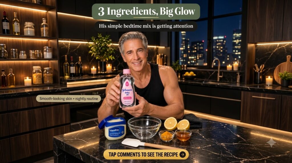 A middle-aged man holding Johnson s baby oil surrounded by skincare ingredients like Vaseline lemons turmeric and honey