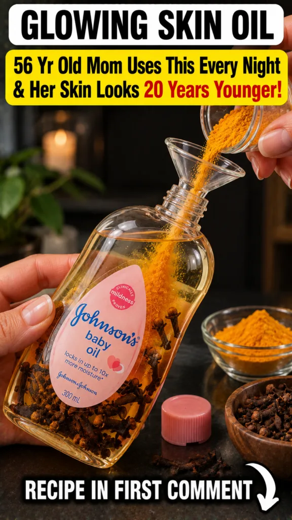 Hands preparing the DIY skincare concoction filling a Johnson s baby oil bottle with turmeric powder and whole cloves us