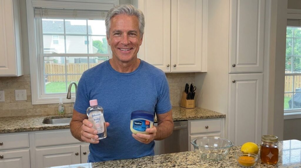 A smiling man in a kitchen holding up Johnson s baby oil and Vaseline with a lemon turmeric and honey on the counter