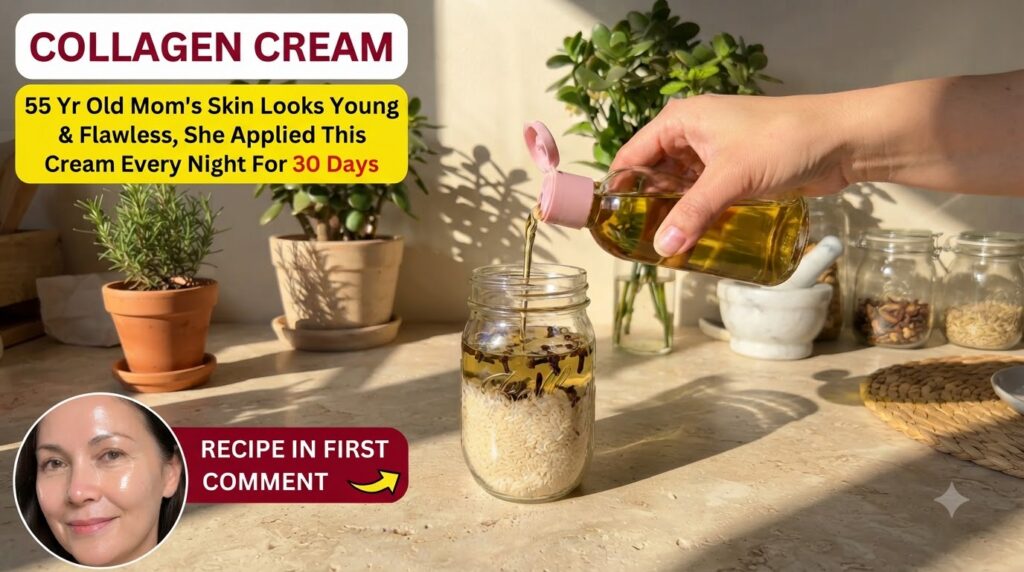 A hand pouring a golden liquid from a small bottle into a glass jar filled with uncooked rice and dark cloves partially 