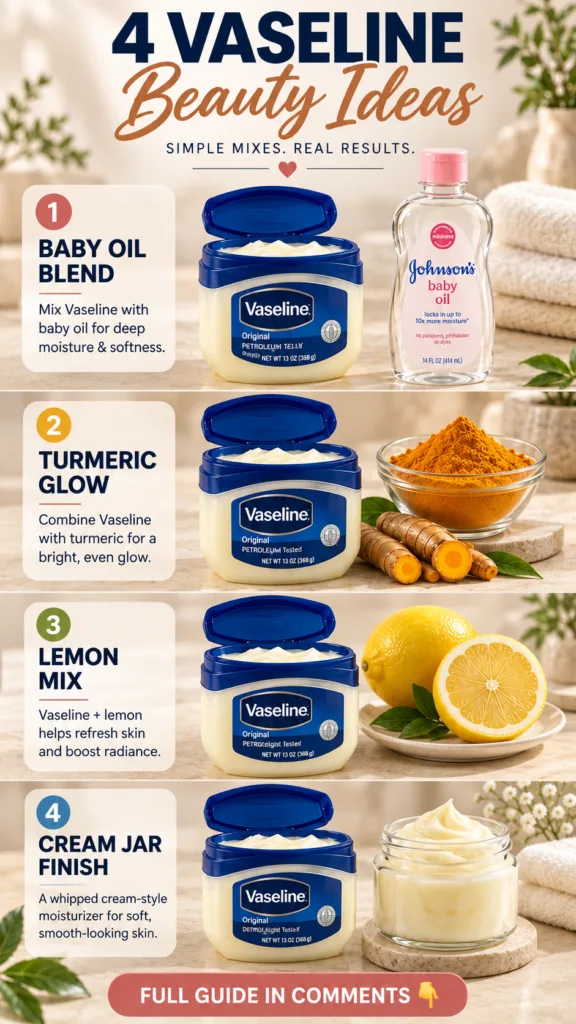 An infographic titled 4 Vaseline Beauty Ideas featuring a vertical grid layout Each section shows a jar of Vaseline alon