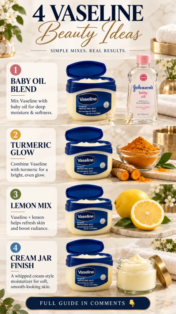 An infographic showing 4 Vaseline beauty ideas Vaseline with baby oil Vaseline with turmeric and lemon Vaseline with a w