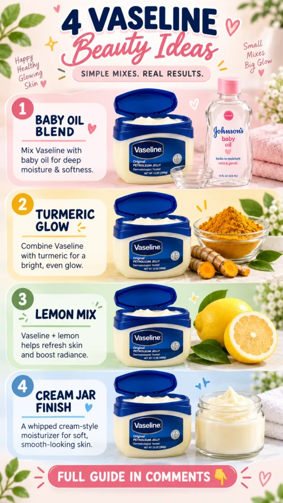 An infographic showing 4 numbered Vaseline beauty ideas with ingredients like Vaseline baby oil turmeric lemon and whipp
