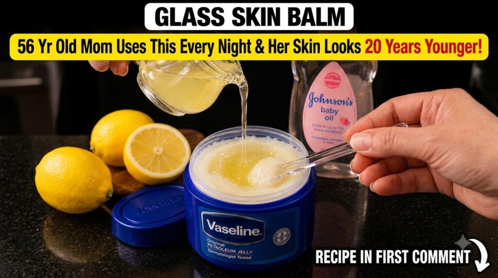 A close-up top-down view of ingredients for a homemade skin balm A hand is pouring a golden-yellow liquid from a glass p