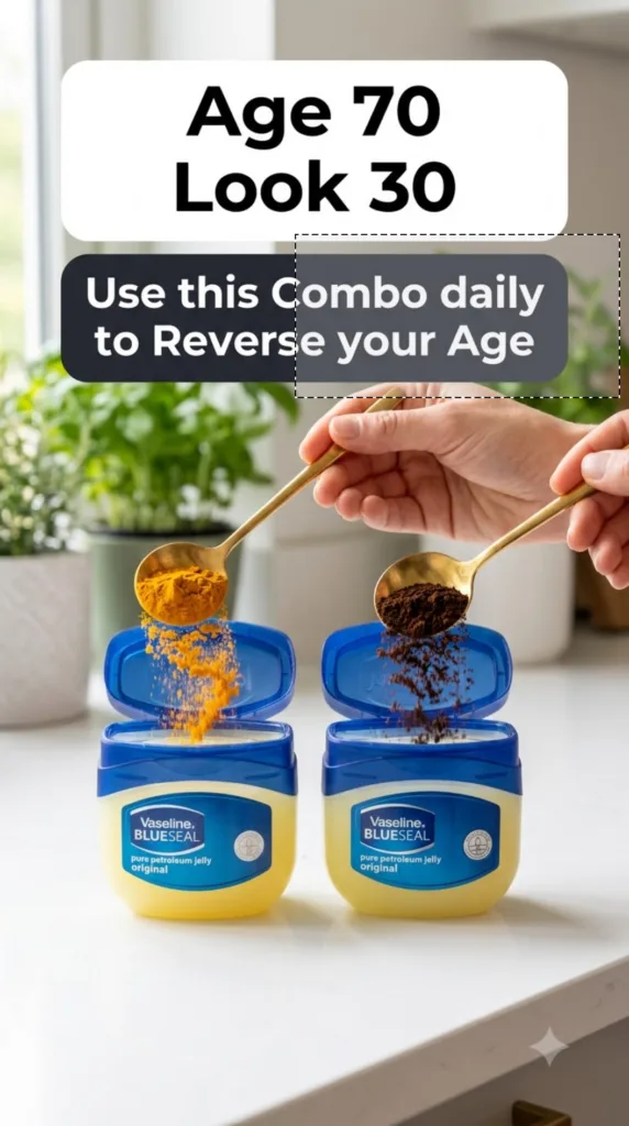 Hands actively pouring yellow turmeric powder and dark brown coffee grounds into open tubs of Vaseline BlueSeal petroleu