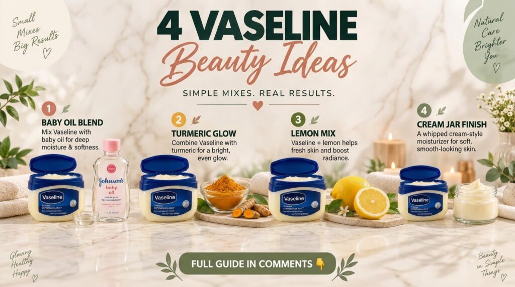 A bright vertically-oriented infographic showcasing four Vaseline beauty ideas Each section features a jar of Vaseline a