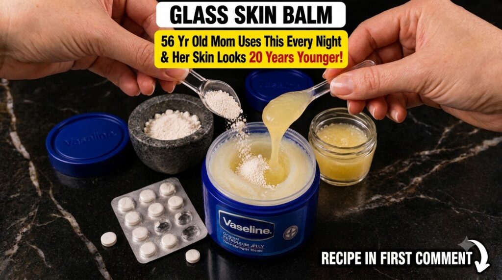 Hands mixing crushed aspirin powder into a blue tub of Vaseline with a stone mortar and additional ingredients in the ba