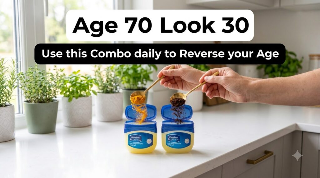 Two hands holding golden spoons pouring turmeric powder into one Vaseline tub and coffee grounds into another both tubs 