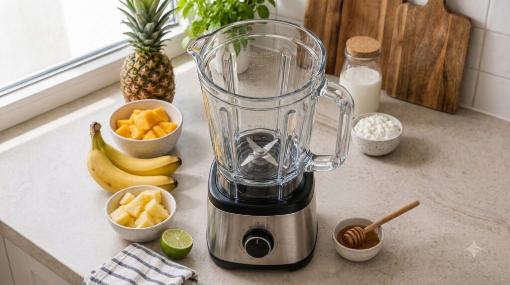 An empty blender surrounded by tropical smoothie ingredients including pineapple mango bananas milk yogurt lime and hone