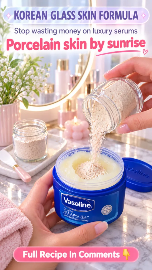 Hands mixing a fine beige powder from a glass jar into a blue jar of Vaseline original healing jelly on a clean vanity d