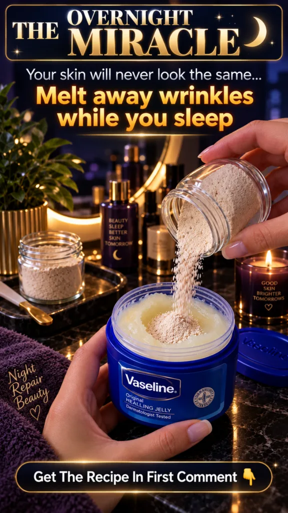 Close-up of hands mixing a fine light-colored powder into a jar of Vaseline Original Healing Jelly on a blurred vanity b