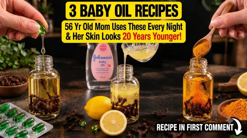 A flat lay showing three glass bottles being filled with ingredients baby oil cloves and then one with a green liquid fr