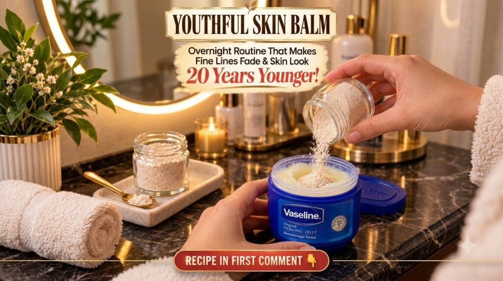 Hands mixing a light granular substance like sugar into a blue tub of Vaseline Healing Jelly in a warm bathroom setting