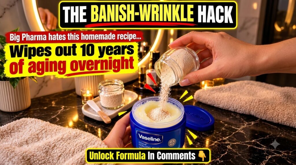 Close-up of hands mixing a light brown powder into a blue tub of Vaseline