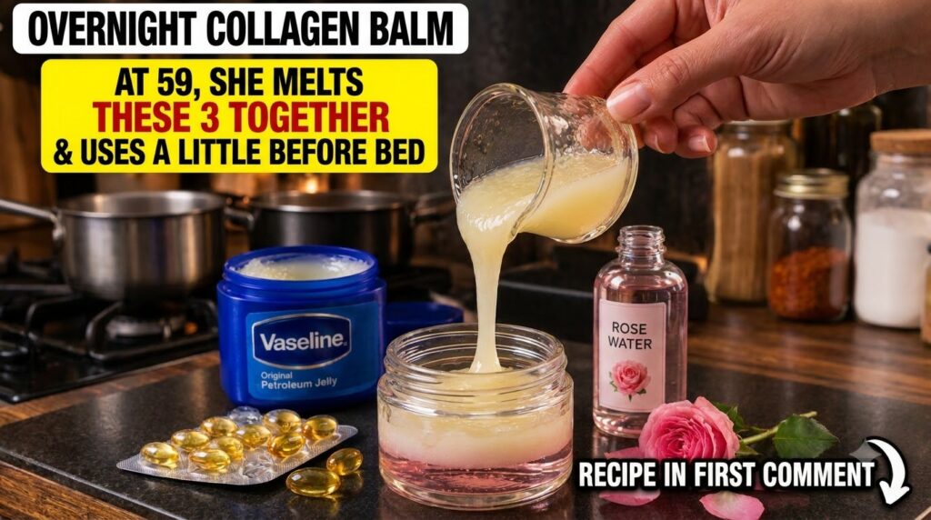 A hand pouring a pale yellow liquid into a glass jar containing a pink liquid layer surrounded by Vaseline Vitamin E cap