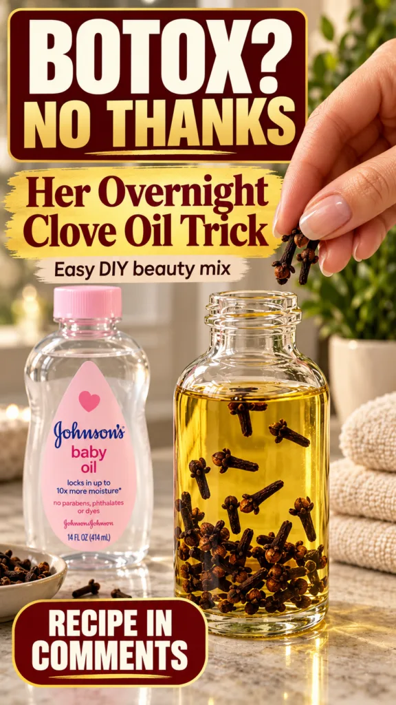 A hand dropping cloves into a bottle of golden carrier oil with a bottle of Johnson s baby oil and a small bowl of clove