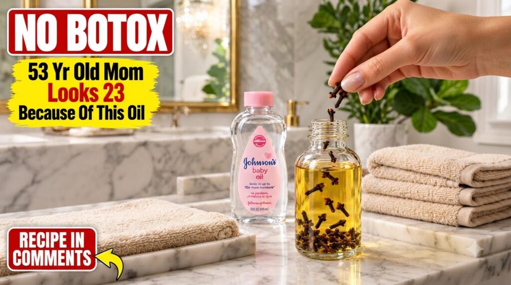A close-up of two bottles on a marble counter Johnson s baby oil and a clear glass bottle with yellow clove-infused oil 