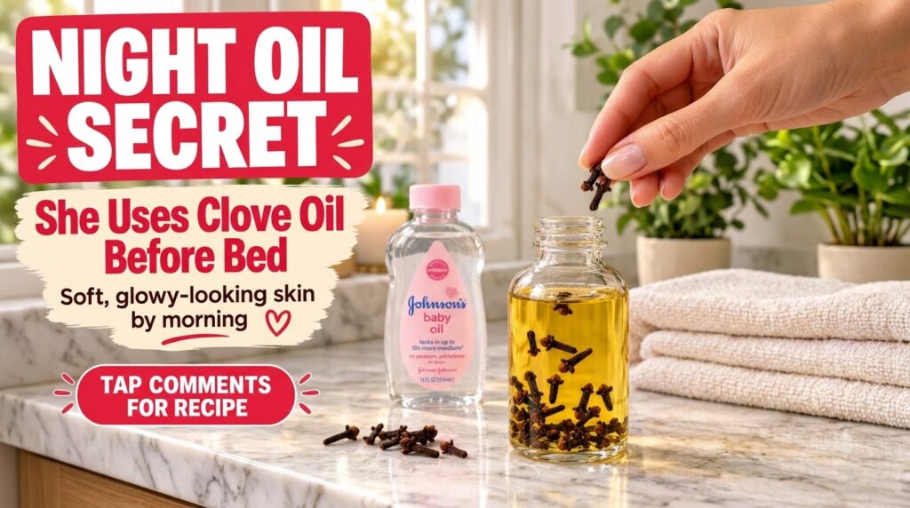 A hand holding clove buds over a glass bottle of clove-infused oil next to a bottle of Johnson s baby oil on a marbled s