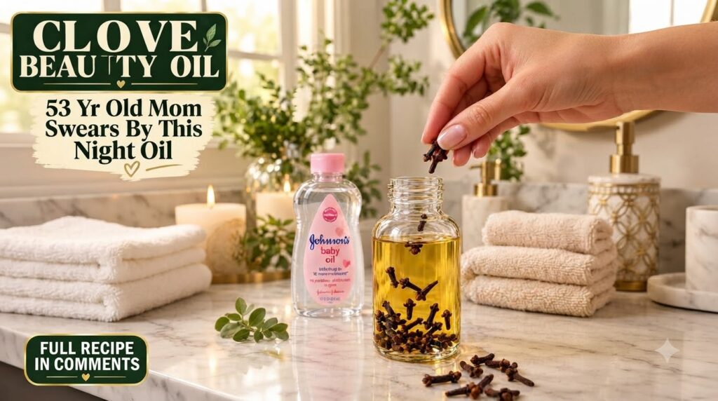A hand dropping a clove into a glass bottle of golden oil with a bottle of Johnson s baby oil and scattered cloves on a