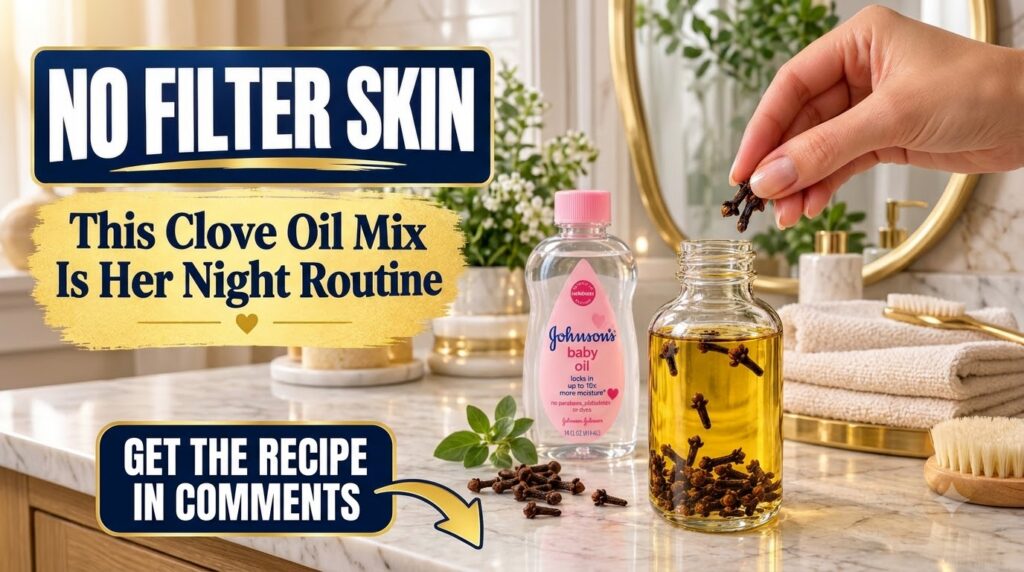 A hand dropping cloves into a bottle of yellow oil with a bottle of Johnson s baby oil on a marble counter alongside sca