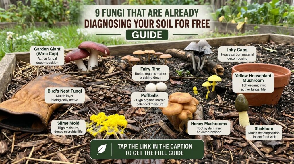 A top-down view of a garden bed showing nine different types of fungi with text labels Garden Giant Fairy Ring Inky Caps