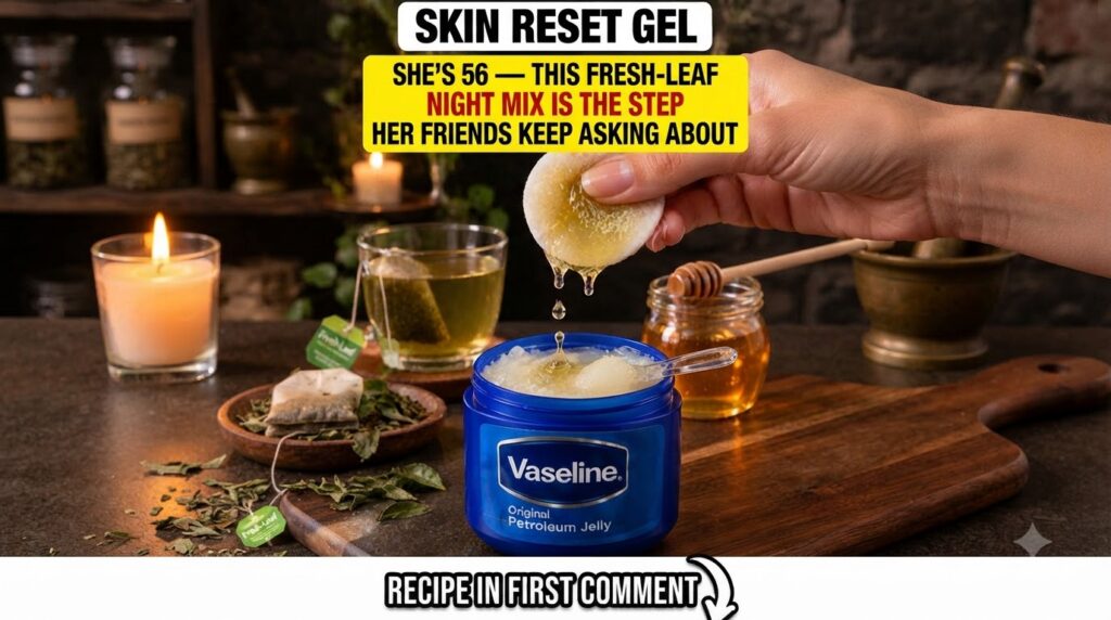 A hand is shown dripping a yellowish liquid honey or green tea from a cotton pad into a blue jar containing Vaseline and