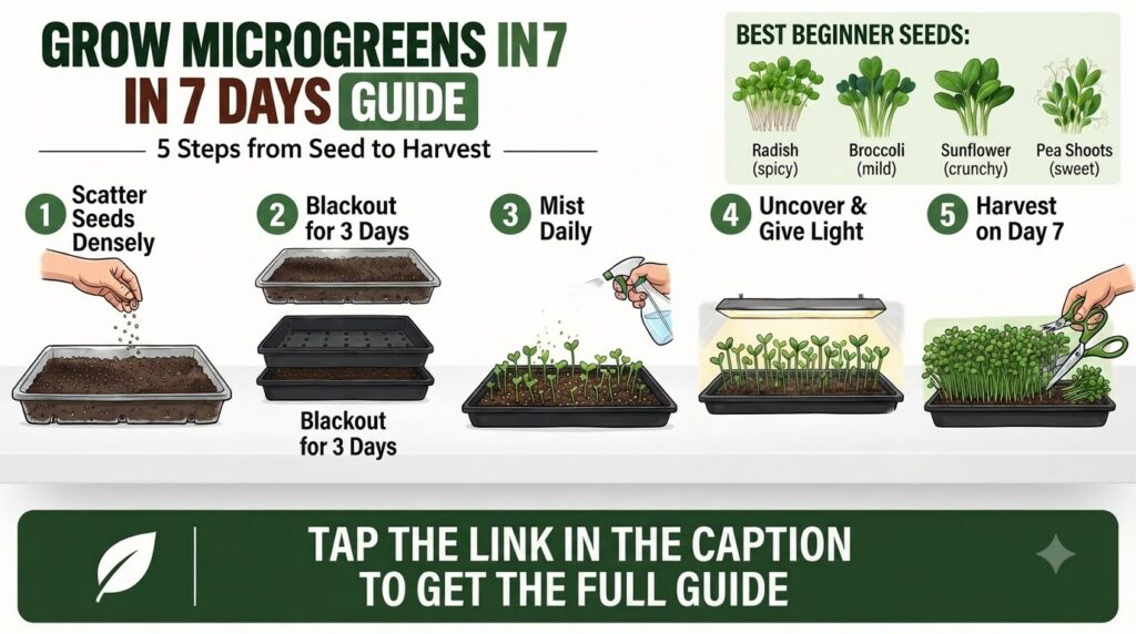 An infographic detailing a Grow Microgreens in 7 Days Guide with five steps scattering seeds blackout misting light expo