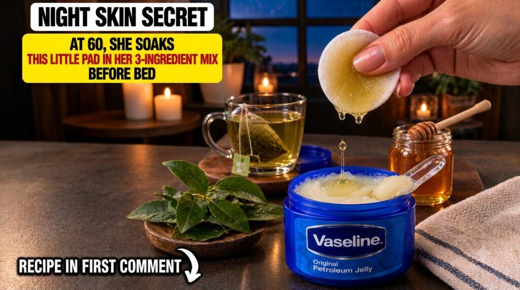 A hand gently dripping a golden liquid from a cotton pad into a jar of Vaseline mixed with small beads surrounded by a w