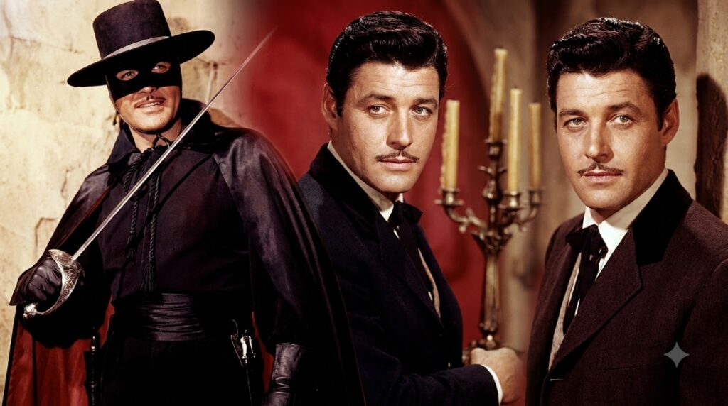 A vertical collage featuring actor Guy Williams in four distinct portraits including two in color and two in black and w