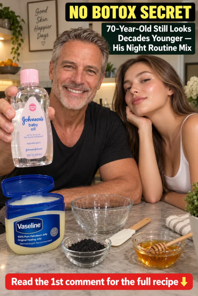 A smiling man holding a bottle of Johnson s baby oil next to a young woman both looking at the camera behind a kitchen c