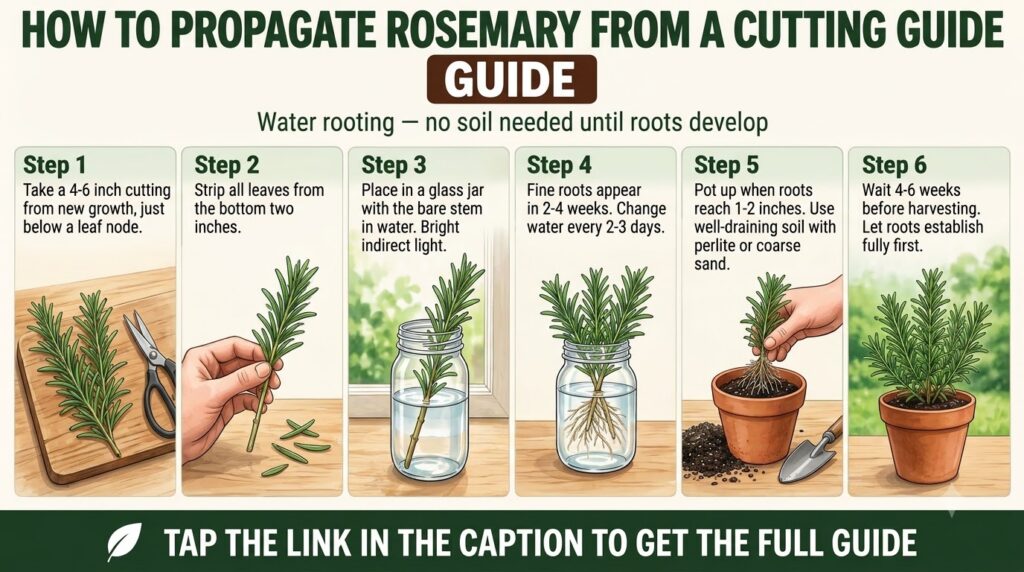 A six-step visual guide demonstrating how to propagate rosemary from a cutting using water rooting The guide shows illus