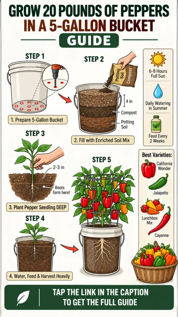 An infographic showing a step-by-step guide on how to grow peppers in a 5-gallon bucket with illustrations of buckets so