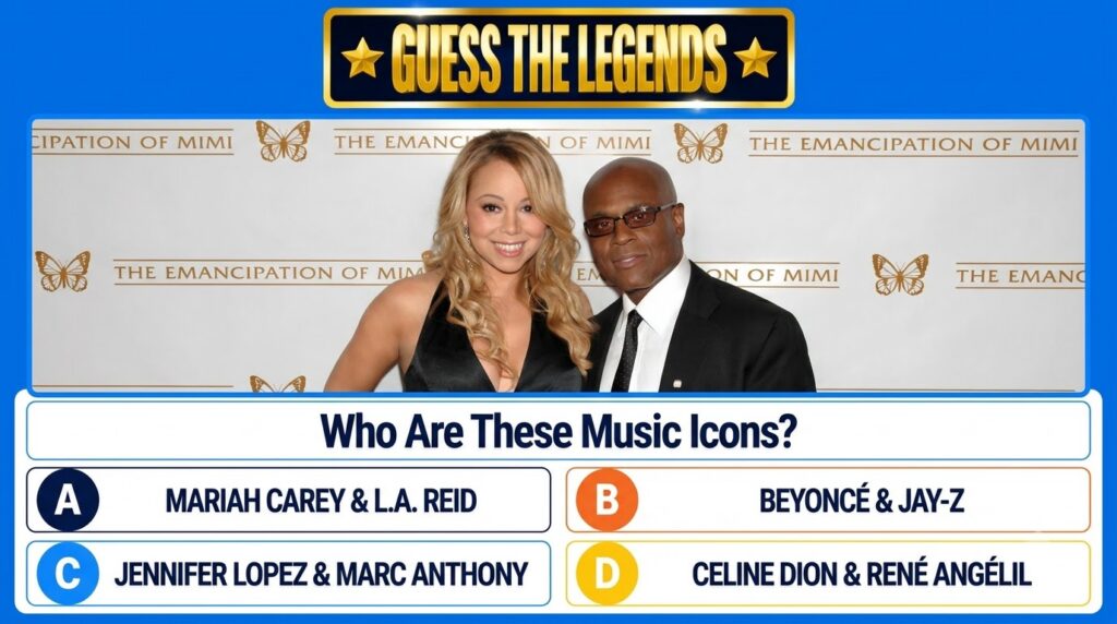 Mariah Carey and L A Reid at a Guess The Legends quiz event with THE EMANCIPATION OF MIMI text in the background