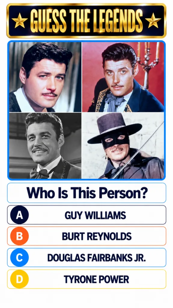 A Guess The Legends quiz interface featuring four portraits of Guy Williams in different roles with the question Who Is 