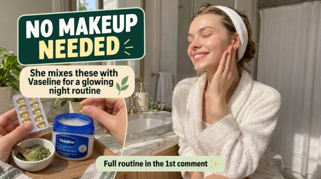 A split image Top half A serene woman with closed eyes gently touching her glowing skin in a soft-lit bathroom Bottom ha