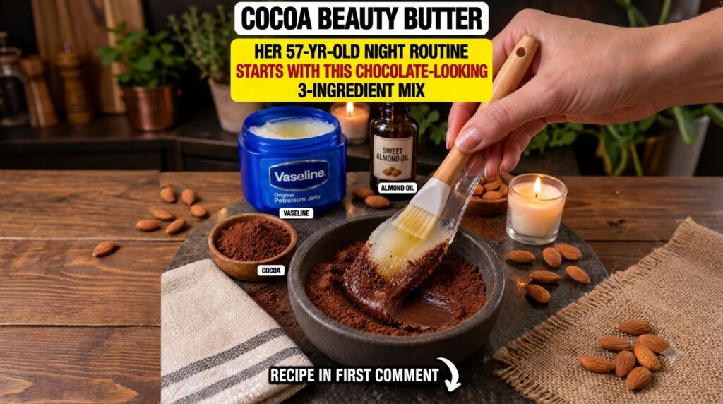 A hand mixing clear Vaseline gel into cocoa powder in a dark bowl with a silicone brush Surrounding elements include a f