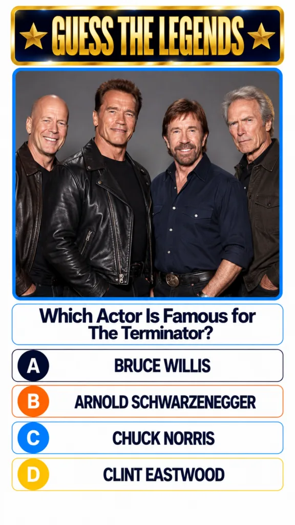 Four iconic actors Bruce Willis Arnold Schwarzenegger Chuck Norris and Clint Eastwood posed side-by-side in a quiz forma