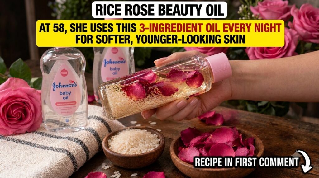 A hand holding a transparent bottle filled with oil white rice grains and fresh pink rose petals In the background there