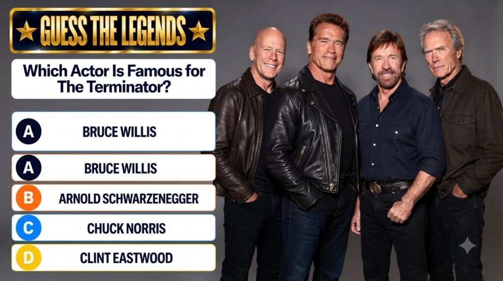 A Guess the Legends quiz featuring a group portrait of Bruce Willis Arnold Schwarzenegger Chuck Norris and Clint Eastwoo