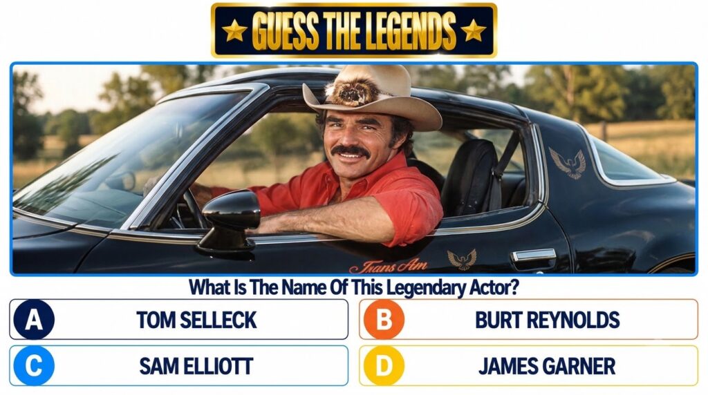 Burt Reynolds smiling warmly from inside a classic black Trans Am wearing a cowboy hat with a feather and fur accent and