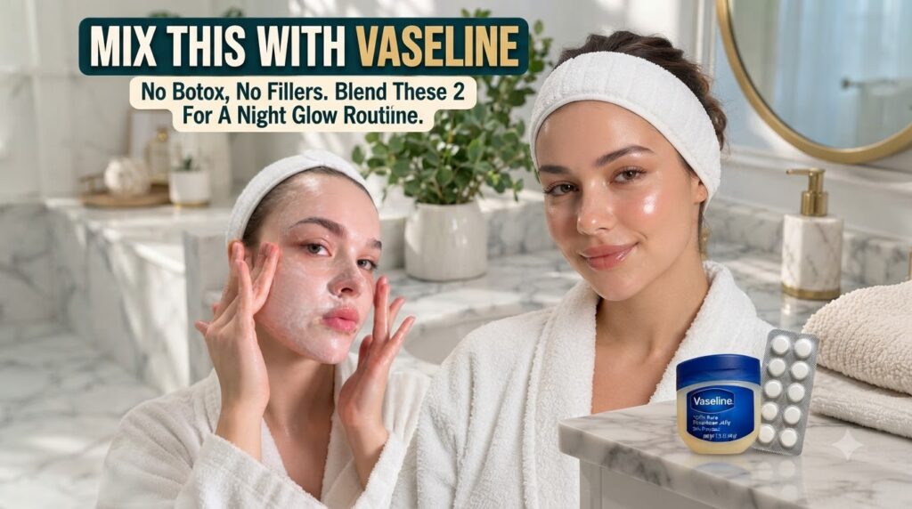 A vertical collage showing a hand holding Vaseline and a blister pack a woman applying face cream and a woman with radia